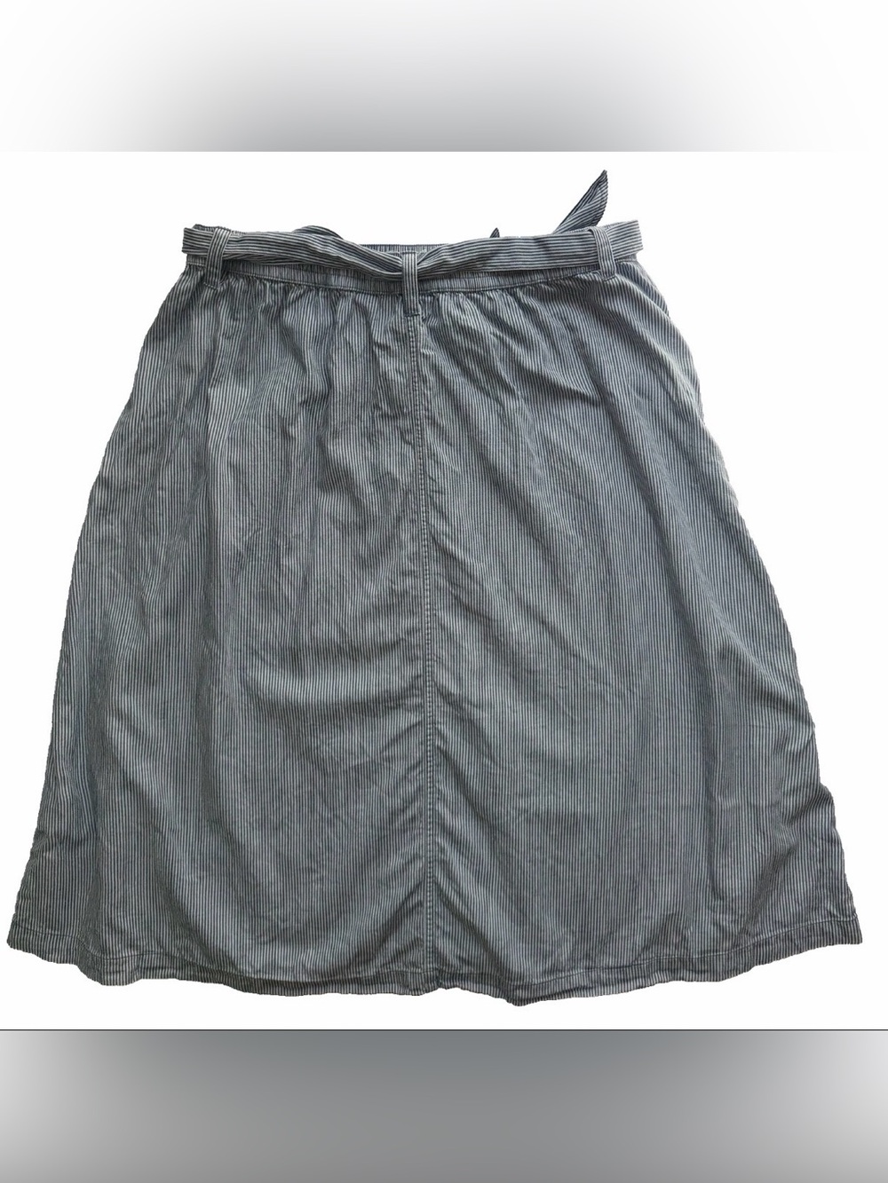 Lands’ End Womens Skirt Midi Large Pull On Fabric Belt Blue White Stripe Pockets - Picture 3 of 13